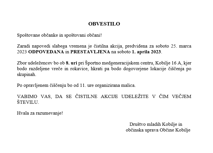 obvestilo čistilna akcija